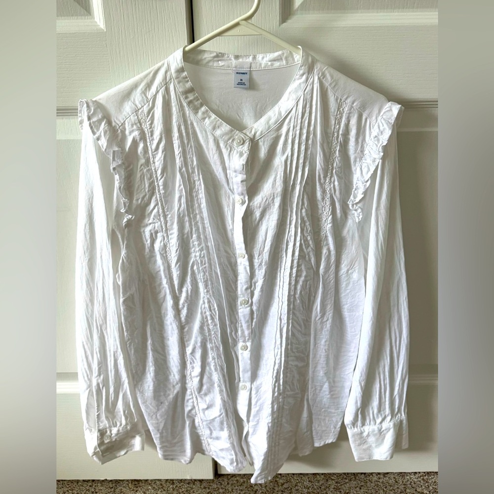 Old Navy Button Down Blouse with Eyelet and ruffle details - white